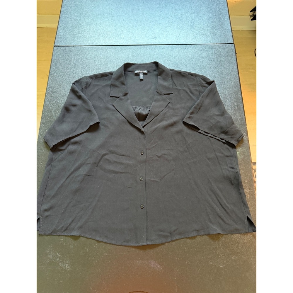 Eileen Fisher Black 100% Silk Short Sleeve Camp Collar Button Down Shirt Large